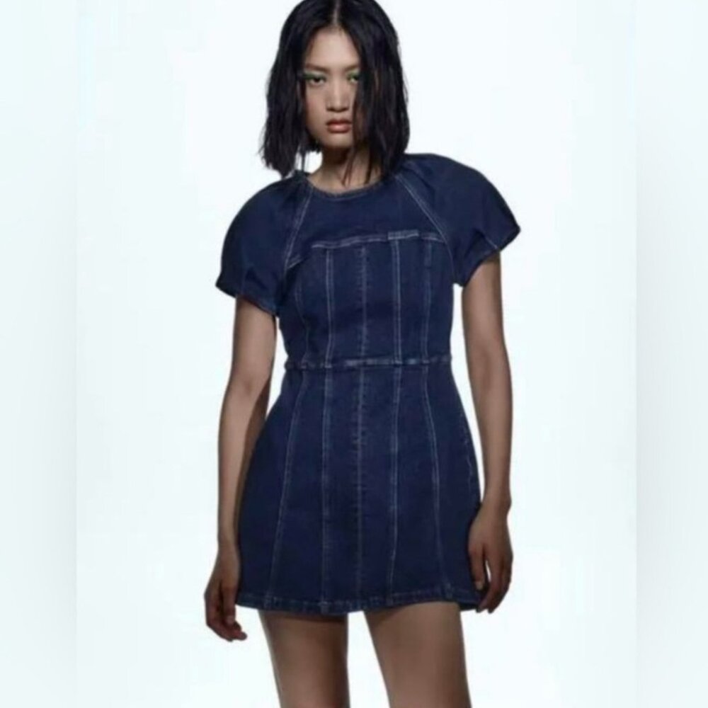 Zara Dark Wash Heavy Denim Puff Sleeve Fitted Mini Dress S